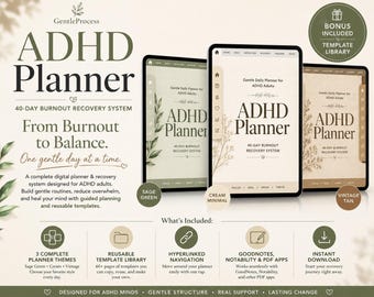 ADHD Planner – 40-Day Burnout Recovery Workbook | GoodNotes Digital Planner | Hyperlinked PDF | Template Library | 3 Planner Themes