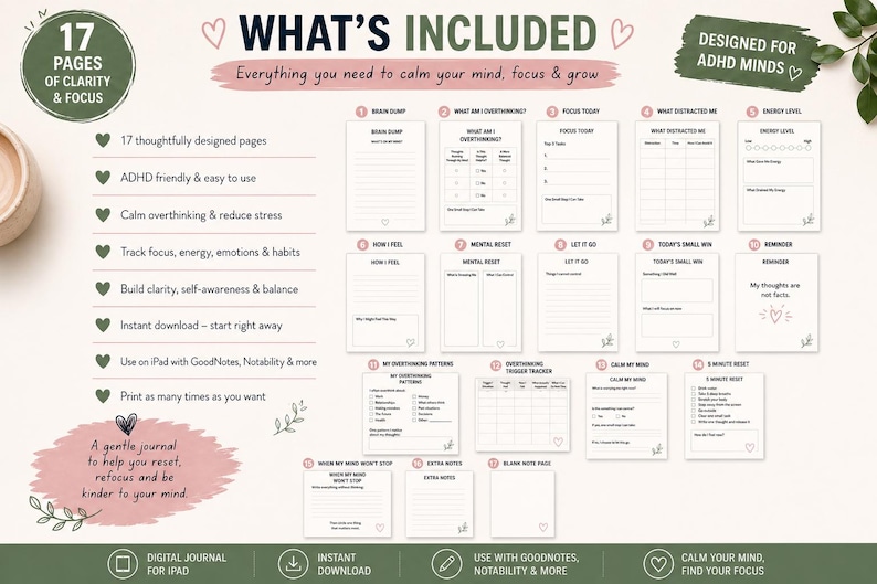what's included ADHD digital journal planner pages