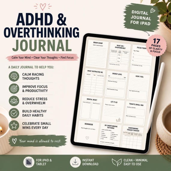 ADHD Overthinking Journal | Brain Dump, Mental Reset Planner (Digital Download)