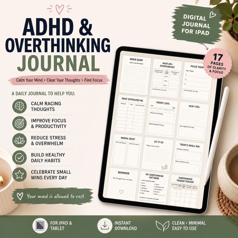 ADHD overthinking journal digital planner
