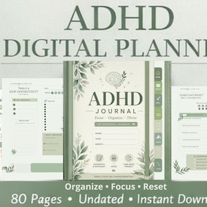 Pode incluir: Diário digital para TDAH com capa e páginas verdes. A capa apresenta o texto "ADHD JOURNAL" e "Focus, Organize, Thrive". O diário inclui páginas para planejamento e reflexão diários. O texto "80 Pages, Undated, Instant Download" também é visível.