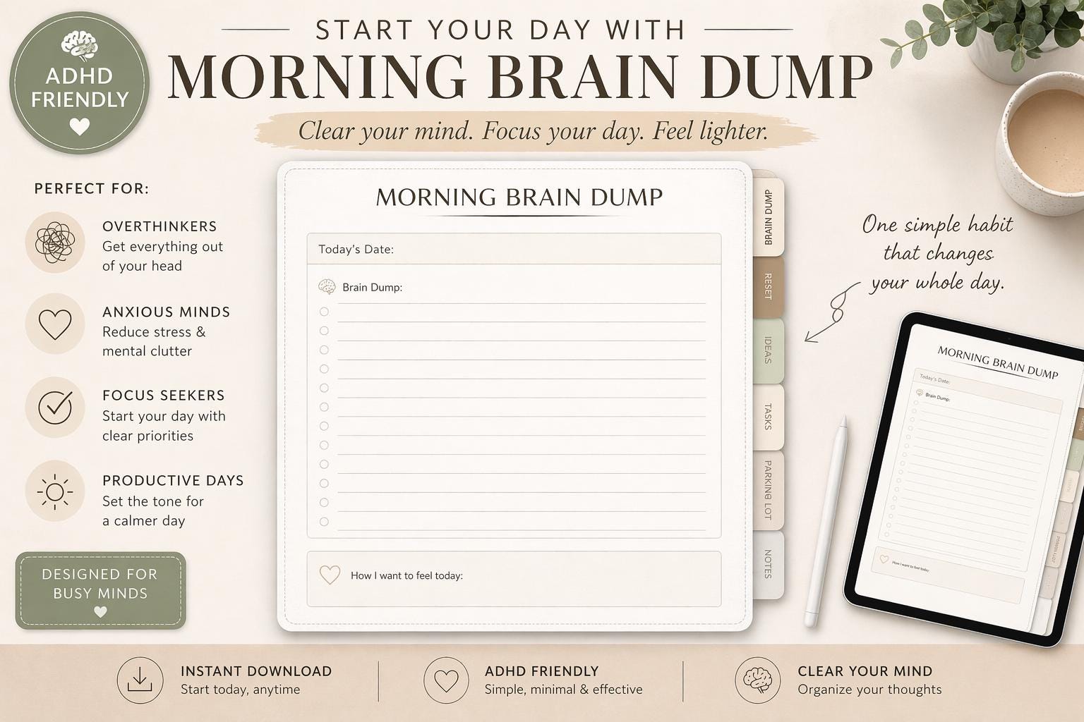 ADHD Brain Dump Planner | Mental Clutter Reset & Overthinking Organizer ...