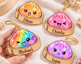 Personalized Dumpling Ornament, Custom Name Kawaii Food Ornament, Cute Acrylic Christmas Ornament, Holographic Window Hanging Gift