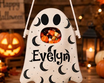 Personalized Ghost Candy Bag, Halloween Treat Holder with Custom Name and Rope Handle