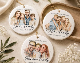 Personalized Family Ornament, Custom Watercolor Photo Portrait, Ceramic Christmas Keepsake, Family Name Gift for Parents