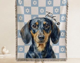 Personalized Pet Memorial Woven Throw Blanket, Custom Watercolor Portrait, Floral Checkerboard