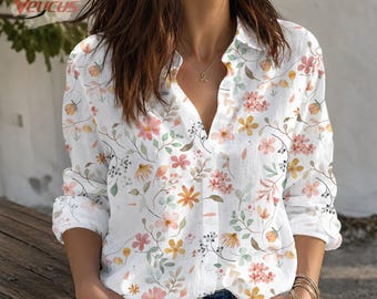 Camicetta in lino a fiori da donna, camicia vintage con fiori ad acquerello, top casual a maniche lunghe con bottoni, abbigliamento cottagecore, regalo per lei