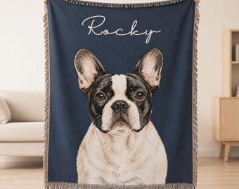 Personalized Pet Memorial Woven Throw Blanket, Watercolor Portrait from Photo with Name