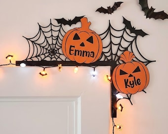 Personalized Halloween Door Corner Sign, Custom Pumpkin Name Wooden Door Topper, Spider Web and Bat Decor, Family Halloween Gift