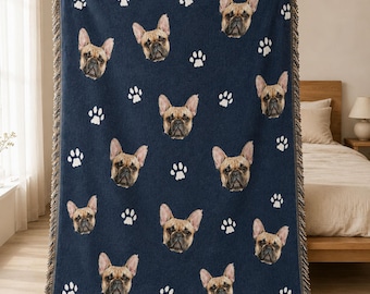 Custom Pet Memorial Woven Throw Blanket, Watercolor Dog Portrait and Paw Print Pattern