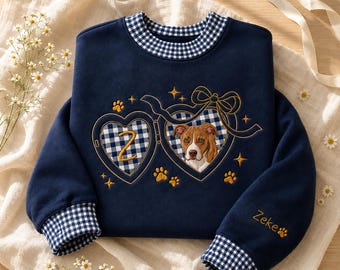 Custom Pet Portrait Embroidered Gingham Mock Neck Sweatshirt with Personalized Sleeve Name