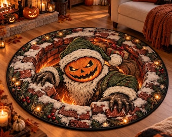3D Spooky Christmas Round Rug, Skeleton Santa Halloween Rug, Pumpkin Santa Area Rug, Gothic Christmas Decor, Creepy Holiday Floor Mat