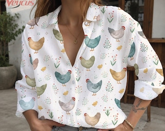 Chicken Print Women Blouse Shirt, Cute Farmhouse Linen Button Up, Cottagecore Hen Pattern Top, Vintage Casual Long Sleeve Summer Blouse