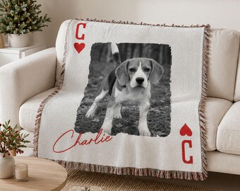 Custom Pet Photo Woven Throw Blanket, Personalized Playing Card Design with Name and Initial