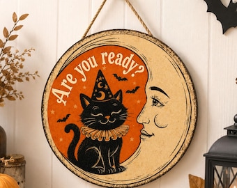 Vintage Halloween Wood Sign, Black Cat Halloween Decor, Retro Witchy Wall Art, Spooky Door Hanger, Halloween Home Decor