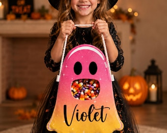 Personalized Ghost Candy Bag, Halloween Treat Holder with Custom Name and Colorful Ombre Print