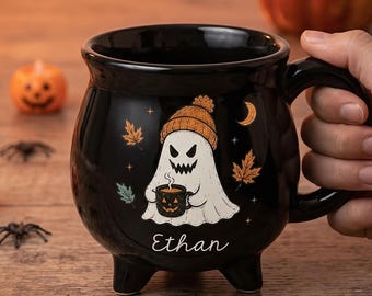 Personalized Halloween Cauldron Mug, Custom Design and Name Ceramic Witch Cup, 13oz Spooky Gift