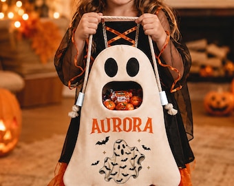Personalized Ghost Halloween Candy Bag with Custom Name, Rope Handle and Six Design Options