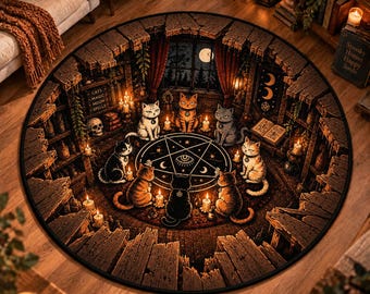 3D Witchcore Cat Round Rug, Halloween Black Cat Area Rug, Gothic Occult Home Decor, Celestial Witchy Floor Mat, Spooky Cat Lover Gift