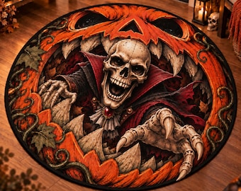 Halloween Round Rug, 3D Skeleton Pumpkin Area Rug, Spooky Skull Floor Mat, Gothic Halloween Decor, Horror Home Decor