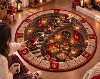 3D Christmas Elf Round Rug, Christmas 3D Illusion Area Rug, Holiday Floor Mat, Elf Christmas Decor, Xmas Living Room Bedroom Rug