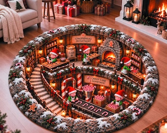 3D Christmas Round Rug, Gingerbread Candy Cane Area Rug, Christmas Floor Mat, Holiday Home Decor, Xmas Living Room Rug, Christmas Gift