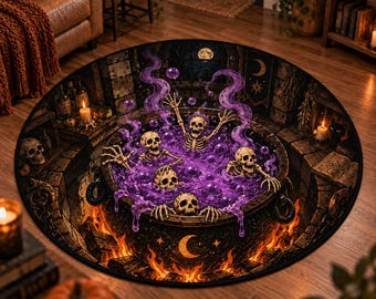 Halloween Skeleton Rug, 3D Illusion Round Rug, Witch Cauldron Rug, Spooky Floor Mat, Gothic Horror Decor, Skeleton Halloween Decoration