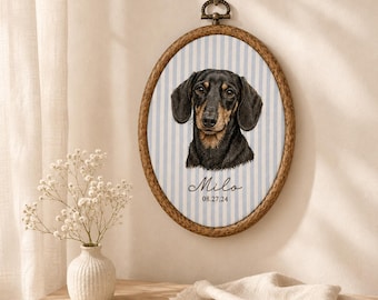 Custom Pet Portrait Embroidery Hoop, Personalized Dog Memorial Gift with Name and Date, Striped or Gingham Pet Portrait from Photo