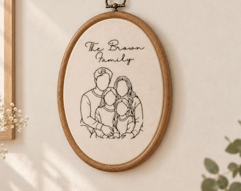 Custom Family Line Art Embroidery from Photo, Personalized Faceless Portrait, Anniversary Gift, Family Wall Decor