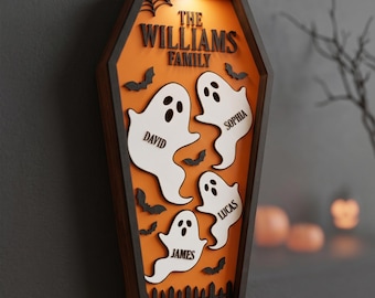 Personalized Ghost Family Coffin Sign, Custom Halloween Decor, 3D Printed Spooky Name Plaque, Light Up Gothic Room Decor, Gift for Family