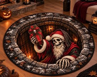 Halloween Round Rug, Spooky Christmas Rug, 3D Illusion Skeleton Santa Rug, Horror Floor Mat, Gothic Halloween Decor, Scary Christmas Decor