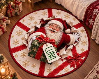 Personalized Christmas Rug, Custom Name Santa Round Rug, Christmas Floor Mat, Santa Claus Rug, Holiday Home Decor, Christmas Gift