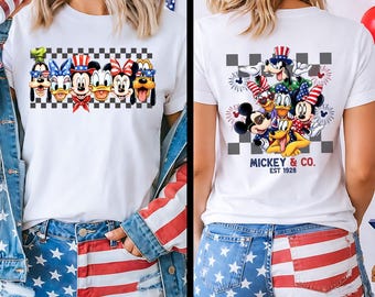 Camiseta retro del 250 aniversario de EE. UU. Mickey & Co. Est. 1928, Vacaciones familiares en Disney, a cuadros, Mickey y sus amigos, camiseta de Disneyland, camiseta de viaje a Disney