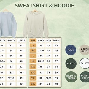 Pu&ograve; includere: Una felpa azzurra e una felpa con cappuccio beige sono esposte su grucce. Le tabelle delle taglie mostrano le misure in cm per larghezza, lunghezza e lunghezza delle maniche. Le opzioni di colore includono blu navy, nero, bianco e bordeaux.
