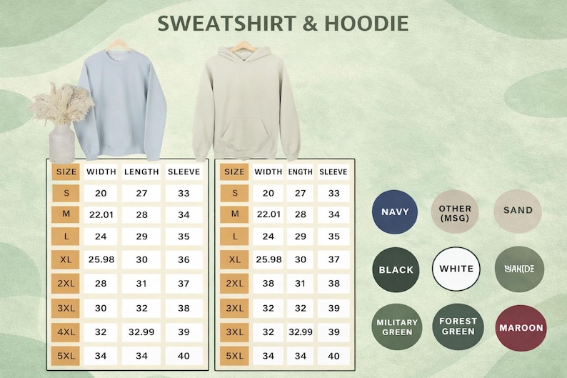 Pu&ograve; includere: Una felpa azzurra e una felpa con cappuccio beige sono esposte su grucce. Le tabelle delle taglie mostrano le misure in cm per larghezza, lunghezza e lunghezza delle maniche. Le opzioni di colore includono blu navy, nero, bianco e bordeaux.