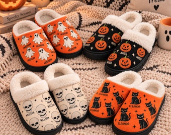 Personalized Halloween Slippers, Custom Name Spooky House Shoes, Ghost Pumpkin Skull Black Cat Slippers, Cozy Halloween Gift