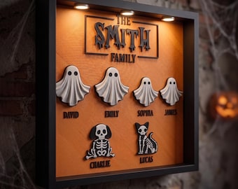 Personalized Halloween Family Ghost Sign, Custom 3D Printed Spooky Name Decor, Lighted Shadow Box with Pet Skeletons, Fall Home Decor