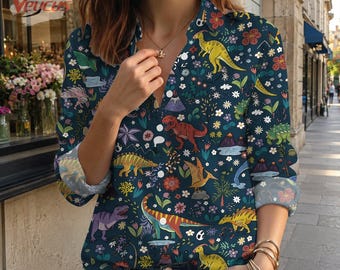 Dinosaurus blouseshirt dames, dinopatroon lange mouw dichtgeknoopt, grappig paleontologiecadeau voor haar, vintage casual donkerblauwe top