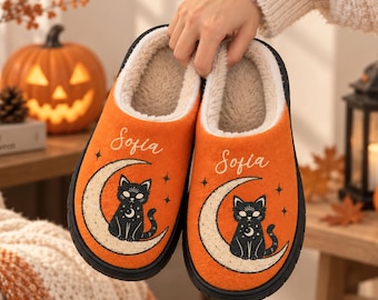 Personalized Halloween Slippers, Custom Name Ghost Pumpkin Skull Black Cat House Shoes, Cozy Spooky Gift for Her