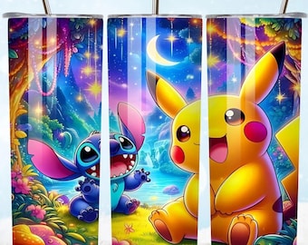 3D Pikachu and Stitch Tumbler Wrap, Stitch Tumbler Wrap Sublimation Design PNG, 20oz Skinny Straight Pikachu ans stitch pokemon Wrap
