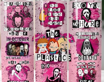 Envoltura de vaso recta con personajes de terror (Página en formato PNG), diseño de vaso de 20 oz espeluznante de Halloween (Página en formato PNG), envoltura de vaso de película de terror, descarga digital