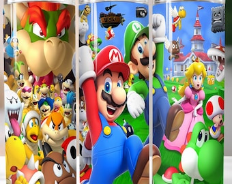 Envoltura para vaso 3D Super Mario Splash Friends, diseño de sublimación PNG, envoltura para vaso Mario delgada, recta y cónica, de 20 oz