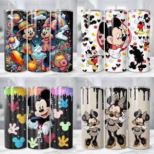 May include: Set of eight stainless steel tumblers with various designs featuring Mickey and Minnie Mouse. Designs include colorful illustrations of the characters, patterns, and silhouettes. Each tumbler has a straw and a lid.