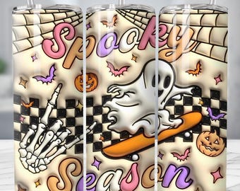 3D Spooky Vibes Inflated Tumbler Wrap PNG, 3D Puffy Pumpkin 20oz Tumbler Sublimation Puffy Pink Halloween, 3D Ghost Tumbler Digital Download