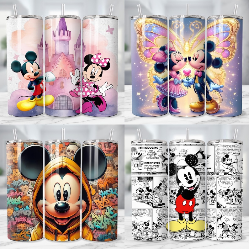 May include: Four stainless steel tumblers with various Mickey and Minnie Mouse designs. One features Mickey in a yellow hoodie, another shows a comic strip, and others depict the couple in different settings. Each tumbler has a straw.