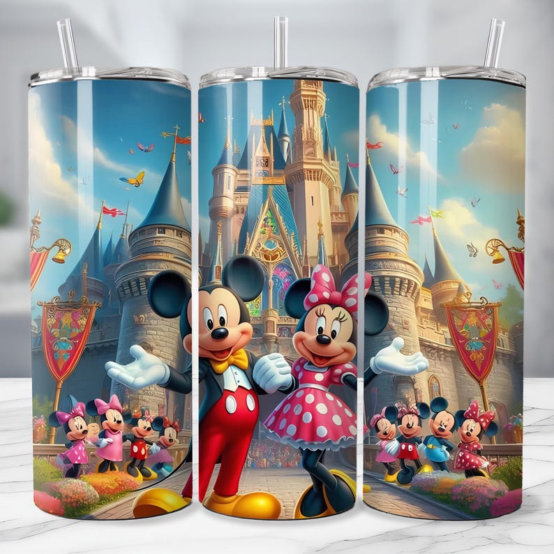 May include: A stainless steel tumbler featuring Mickey and Minnie Mouse in front of a castle. Mickey wears a tuxedo and red pants, while Minnie dons a pink polka-dot dress. The background shows a blue sky with butterflies.