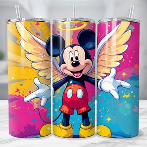 May include: Three stainless steel tumblers with a colorful design featuring Mickey Mouse with angel wings and a halo. The background is a mix of yellow, pink, and blue with star accents. Each tumbler has a clear straw.