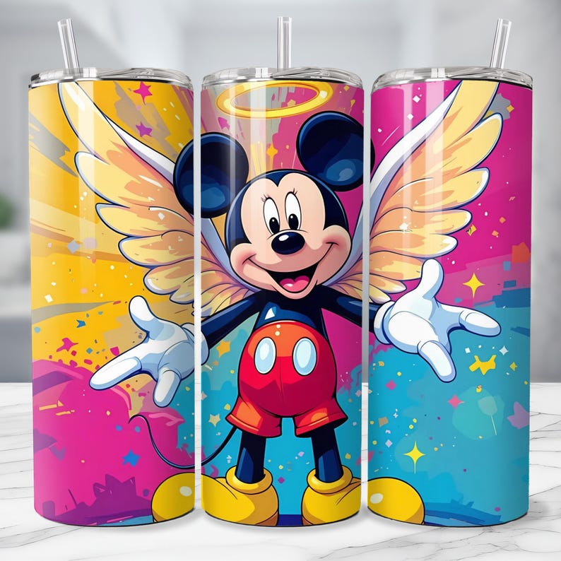 May include: Three stainless steel tumblers with a colorful design featuring Mickey Mouse with angel wings and a halo. The background is a mix of yellow, pink, and blue with star accents. Each tumbler has a clear straw.