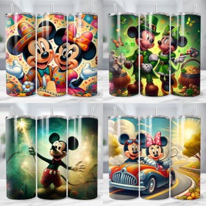 May include: Four stainless steel tumblers with various cartoon character designs. The designs include Mickey and Minnie Mouse in festive outfits, including a sombrero, leprechaun attire, and driving a vintage car. Each tumbler has a straw.
