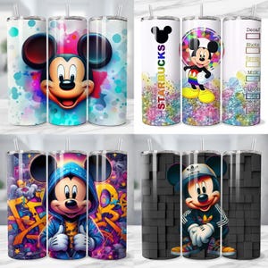May include: A collection of insulated tumblers featuring Mickey Mouse designs. The tumblers showcase various themes, including a colorful watercolor splash, a Starbucks-themed design, and a graffiti-style design. Each tumbler has a straw and a lid.